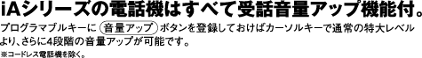 iAシリーズの電話機はすべて受話音量アップ機能付。